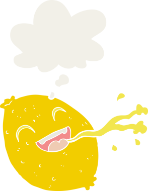 Düşünce baloncuklu limon fışkırtan çizgi film insan tarafından çizilmiş.