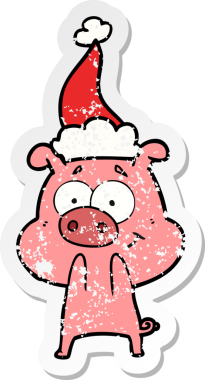 Mutlu el, insan tarafından çizilmiş Noel Baba şapkası takan bir domuzun kederli çıkartması.