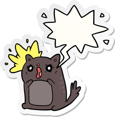 Bir insan tarafından çizilen konuşma baloncuğu çıkartmasıyla şok olmuş bir kedi.