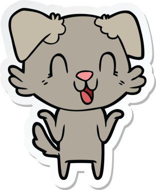 Gülen bir köpeğin çıkartması Bir insan tarafından çizilmiş omuzlarını silkiyor