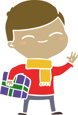 Bir insan tarafından çizilmiş, düz renkli, gülümseyen çocuk.