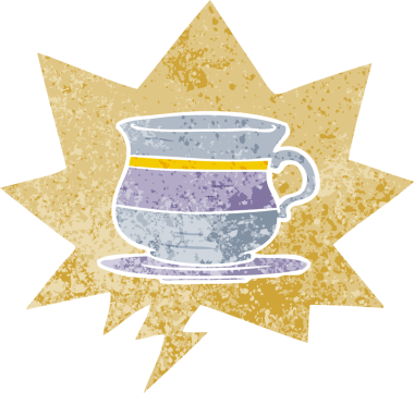 Eski bir çay fincanı, konuşma baloncuğu ve bir insan tarafından çizilmiş dertli retro tarzı.