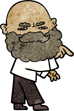 Bir insan tarafından çizilen ve kaşlarını çatan sakallı bir çizgi film adamı.