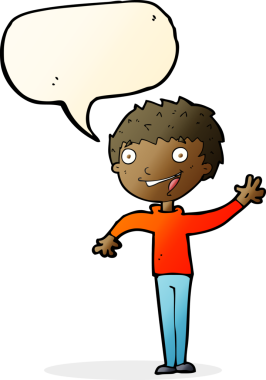 Bir insan tarafından çizilmiş konuşma baloncuğuyla el sallayan mutlu çocuk.