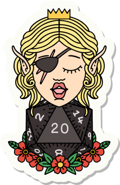 Bir insan tarafından çizilmiş doğal yirmi zarlı düzenbaz bir elf karakterinin çıkartması.