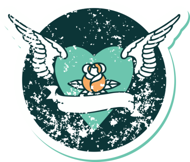 İkonik ıstıraplı dövme stili kanatlı kalp resmi bir insan tarafından çizilmiş bir gül ve bayrak.