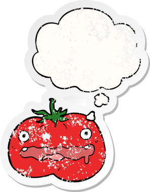 Düşünce baloncuklu çizgi film domatesleri insan tarafından çizilmiş yıpranmış bir çıkartma gibi.