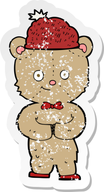 Bir insan tarafından çizilmiş şapkalı çizgi film ayısının gerilimli çıkartması.