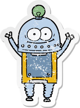 Bir insan tarafından çizilmiş ampullü mutlu bir robot çıkartması.