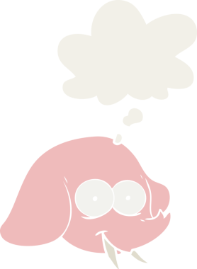 Düşünce baloncuğu olan karikatür fili yüzü bir insan tarafından çizilmiş.