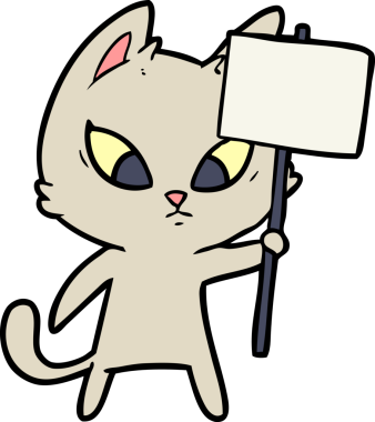 Bir insan tarafından çizilmiş protesto işareti olan kafası karışmış çizgi film kedisi.