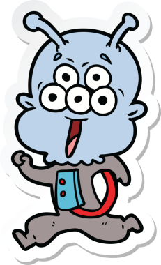 Bir insan tarafından çizilmiş mutlu bir uzaylı çizgi film çıkartması.