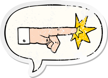 Bir insan tarafından çizilmiş, sıkıntılı, eski bir çıkartmayı gösteren, konuşma baloncuğu olan bir çizgi film.