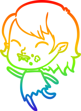 Gökkuşağı gradyan çizgisi. Bir insan tarafından çizilmiş yanağında kan olan vampir bir kız çizgi filmi.