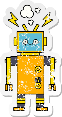 Bir insan tarafından çizilmiş arızalı bir robot çizgi film çıkartması.