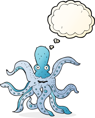 Bir insan tarafından çizilmiş düşünce baloncuklu dev ahtapot çizgi filmi.