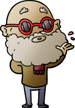 Bir insan tarafından çizilmiş sakallı ve güneş gözlüklü meraklı bir adam.