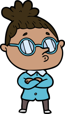 Bir insan tarafından çizilmiş gözlüklü bir karikatür kadın.