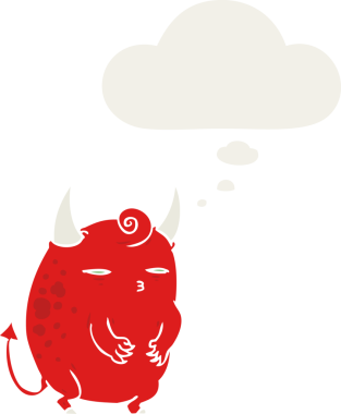 Bir insan tarafından çizilmiş düşünce baloncuklu cadılar bayramı şeytanı çizgi filmi.