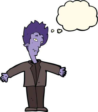 Bir insan tarafından çizilmiş düşünce balonlu mutlu vampir çizgi filmi.