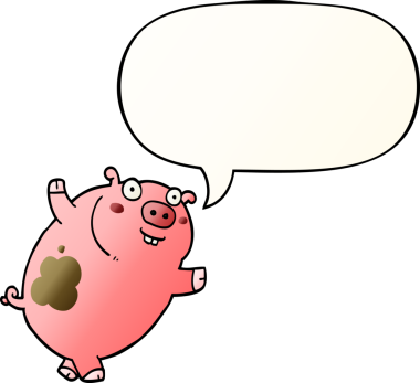 Bir insan tarafından çizilmiş, konuşma baloncuklu komik çizgi film domuzu.