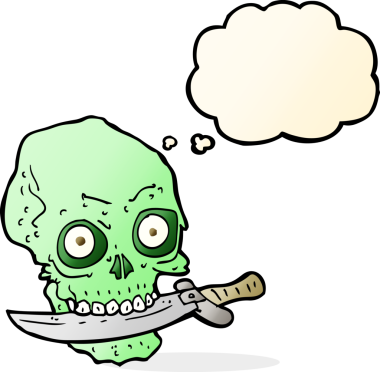 Bir insan tarafından çizilmiş düşünce baloncuğuyla dişlerinde bıçak olan korsan kafatası.