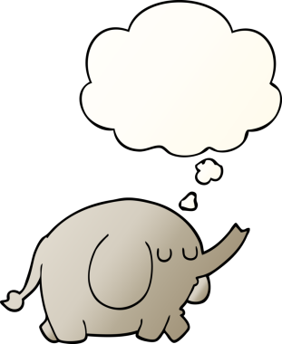 Bir insan tarafından çizilmiş, düşünce baloncuklu çizgi film fili.