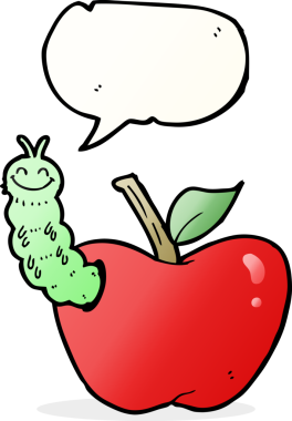 bir insan tarafından çizilmiş konuşma balonlu bir böcek ile çizgi film elması