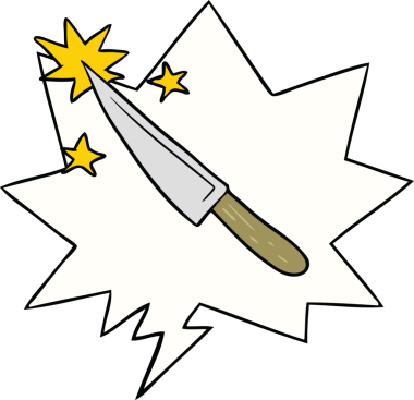 Bir insan tarafından çizilmiş konuşma baloncuğu olan keskin bir mutfak bıçağı.