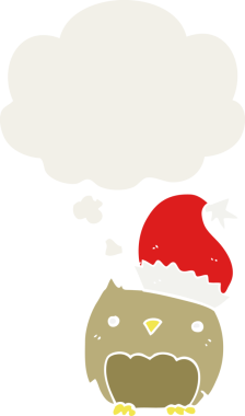 Bir insan tarafından çizilmiş düşünce baloncuğu olan sevimli noel baykuşu.