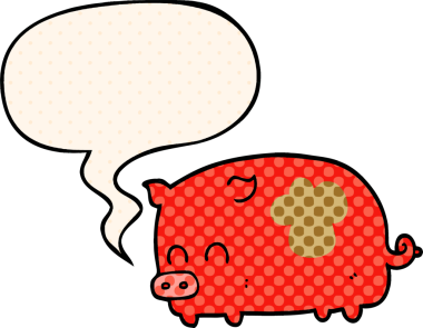 Bir insan tarafından çizilmiş çizgi roman tarzında konuşma balonu olan şirin bir domuz.