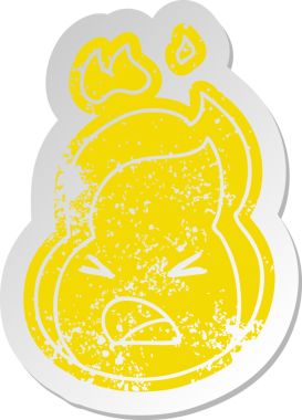 Sıkıntılı eski çizgi film çıkartması Kawaii bir insan tarafından çizilmiş sevimli ateş alevi.