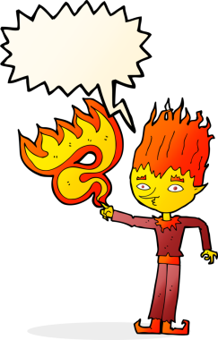 Bir insan tarafından çizilmiş konuşma balonlu ateş ruhu karikatürü.