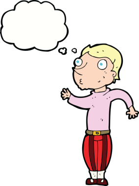 Bir insan tarafından çizilmiş düşünce baloncuğu olan gürültülü elbiseli çizgi film adamı.