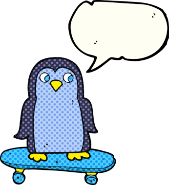 Bir insan tarafından çizilmiş serbest çizilmiş çizgi roman konuşma balonu penguen kaykay sürüyor.