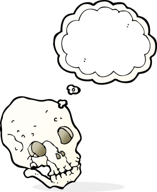 Bir insan tarafından çizilmiş düşünce baloncuklu garip kafatası.