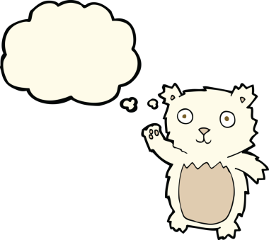 Bir insan tarafından çizilmiş düşünce baloncuğu ile kutup ayısı yavrusu sallayan çizgi film