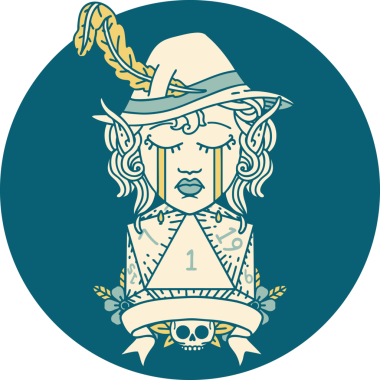 Retro Dövme Tarzı Ağlayan Elf Ozan Karakteri Bir insan tarafından çizilmiş doğal D20 rulo