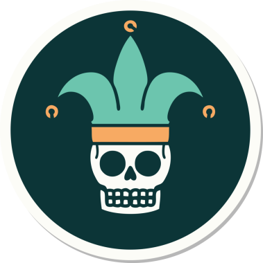 Bir insan tarafından çizilmiş geleneksel bir kafatası soytarısı stili dövme çıkartması.