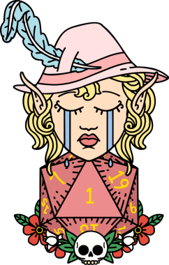 Retro Dövme Tarzı Ağlayan Elf Ozan Karakteri Bir insan tarafından çizilmiş doğal D20 rulo