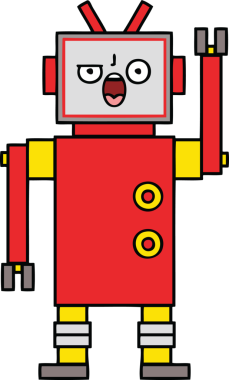 Bir insan tarafından çizilmiş kızgın bir robotun sevimli karikatürü.