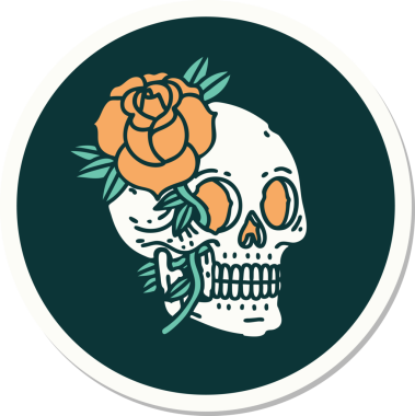 Geleneksel kafatası stili dövme çıkartması ve bir insan tarafından çizilmiş gül.