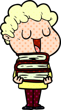 Bir insanın çizdiği kitaplarla gülen karikatür adamı.