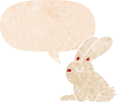 Konuşma baloncuğu olan çizgi film tavşanı bir insan tarafından çizilmiş dertli retro tarzı