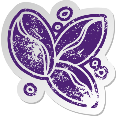 Bir insan tarafından çizilmiş üç kahve çekirdekli eski bir çizgi film çıkartması.