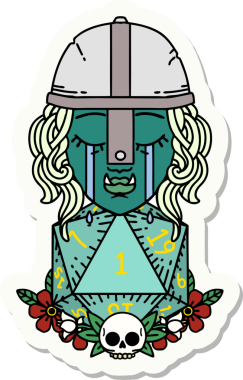 Ağlayan bir Ork savaşçı karakterinin çıkartması. Bir insan tarafından çizilmiş doğal bir D20 rulosu var.