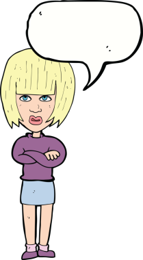 Bir insan tarafından çizilmiş konuşma baloncuğuyla rahatsız bir kadın.