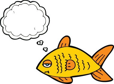 Bir insan tarafından çizilmiş düşünce baloncuklu komik balıklar.