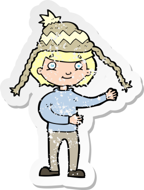 Bir insan tarafından çizilmiş kış şapkası giyen bir çizgi film karakterinin gerilimli retro çıkartması.