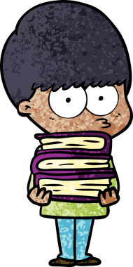 Bir insan tarafından çizilmiş kitapları taşıyan sinirli çizgi film çocuğu.